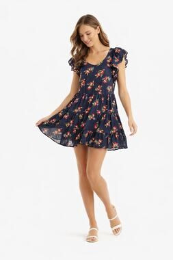 Jill Jill Stuart Floral Babydoll Dress XS Navy Red Ruffle Sleeve Cottagecore